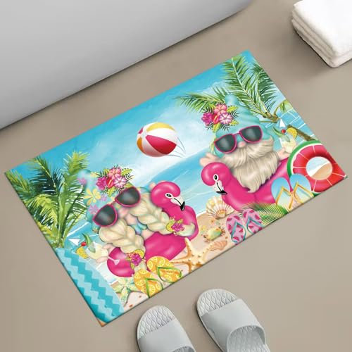 APROPHIC Summer Ocean Badematte für Badezimmer-Dekor, Flamingo-Zwerg, Badezimmerteppich, rutschfeste Gummi-Rückseite, saugfähig, schnell trocknend, Bodenmatte, ultradünn, passend unter der Tür, 43,2 x