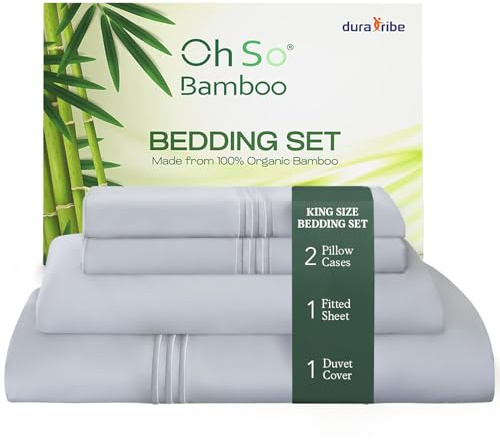 DURA TRIBE Oh So Bamboo Bedding Set 4 Piece King - Silvery Grey - Hypoallergenic Duvet Cover, Fitted Sheet & 2 Pillowcase Made from 100% Organic Bamboo Viscose Cooling Silky-Soft & Smooth Material
