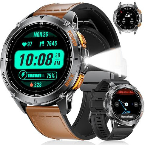 LIGE GPS Smartwatch Uomo 48mm,Militari Smart Watch con Torcia/530 mAh Batteria/Bussola/Barometro,1.43 Amoled Fitness Tracker con Chiamate Bluetooth, 120+Modalità, IP68 per Android iOS, Marrone