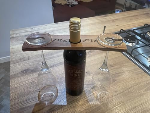 Wine Butler for 2 Glasses – For Picnic or Decor – Glass Holders on Top of Bottle – Wine Caddy – Space Saving Design – Gifting Set for Housewarming – Laser Engraved Mrs and Mrs on Each Side