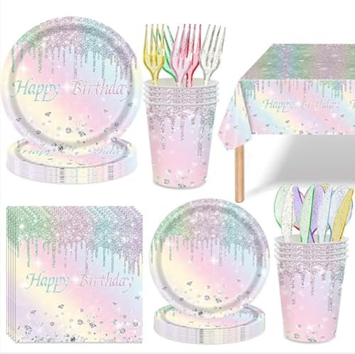 Regenbogen Partygeschirr Set für 10 Gäste –50-teiliges Pappteller 9/7, PappTassen, Servietten – Bunte Mädchen Geburtstag Deko Pastell Regenbogen Mottoparty Party Set