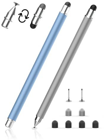 MEKO Stylet Tactile Magnétique 3-en-1 Stylet pour Tablette avec Embout en Fibre, Caoutchouc et Disque, Compatible avec Tablettes/Téléphones comme iPhone/iPad/Samsung/Huawei/Xiaomi - Gris + Bleu