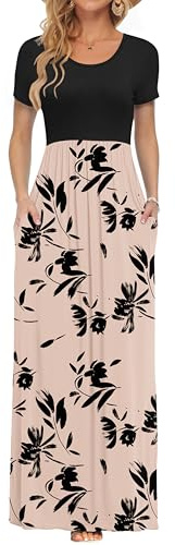 AUSELILY Damen Kurzarm Sommer Casual Long Maxi Kleider mit Taschen | Ganzjähriges Tragen, solider Blumendruck, Freizeitkleidung, Empire-Taille, Bodenlänge, Seitentaschen