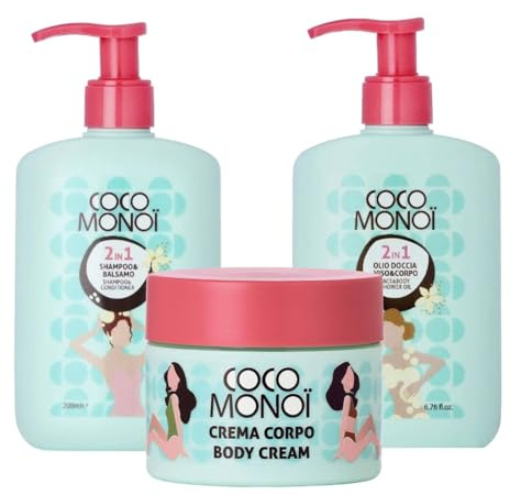 Coco Monoi Pflegende und aufhellende Körpercreme 2-in-1 – feuchtigkeitsspendend mit extra Glow-Effekt, 250 ml Topf – weiche und strahlende Haut (Creme+Duschöl+Shampoo & Spülung)