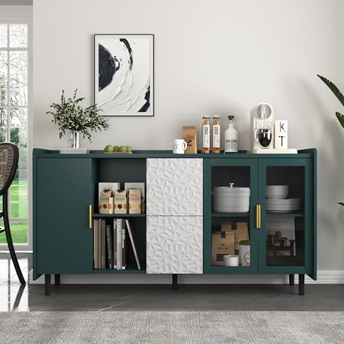 REXO Moderno armario de almacenamiento de cocina de 55 pulgadas con 2 cajones, 2 estantes abiertos y 2 puertas de cristal, mesa buffet de madera. (verde)