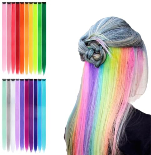 OUDQFCJ 20 Ciocche Colorate per Capelli con Clip per Donna, Bambina, Party e Festival (55 cm) (Bunte)