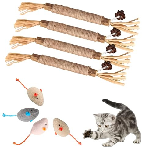 LandReCol 8 Stück Katzenminze Spielzeug Set, Kauspielzeug Katze mit Matatabi Sticks und Plüschmäusen, Interaktives Katzenspielzeug für Selbstbeschäftigung und natürliche Zahnpflege