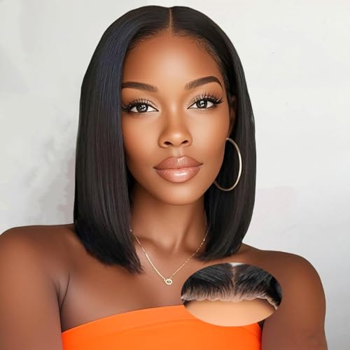 Perruque Bresilienne Cheveux Humain 5x5 Bob Straight Perruque Femme Naturelle Sans Colle Cheveux Wear and Go Glueless Bob Wig Human Hair Pre Plucked Pre Cut HD Lace Bob glueless Wig 12 Pouces