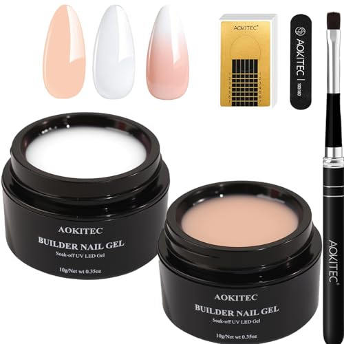 Aokitec Nude White Builder Gel Kit with 100 Nail Forms & Brush | Soak-off UV LED hard gel for nail extensions, repair and strengthening; includes forms and brush for beginner DIY manicures