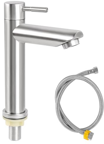 Kaltwasserhahn Gäste WC, Wasserhahn Kaltwasser mit 80cm Anschlussschlauch, Einhebelmischer Kaltwasser Armaturen aus Edelstahl 304,Wasserhahn Bad Kaltwasser für Handwaschbecken