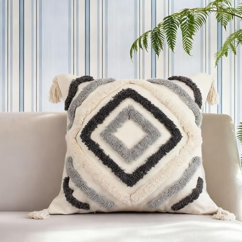 YULUOSHA Dekorative Boho Kissenbezug,Boho Kissen Beige Deko Baumwolle Dekokissen Marokko getuftete Kissenhülle Kissenbezüge Quaste für Sofa Schlafzimmer Wohnzimmer Dekor (Grau)
