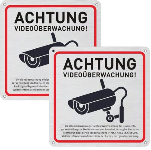 2 Stück Schild Videoüberwachung Privatgrundstück mit DSGVO Hinweis, 15x15cm Videoüberwachung Schild Aluminium Hinweisschild, mit Selbstklebend und 4 Bohrlöcher, Schilder Kameraüberwachung, Warnschild