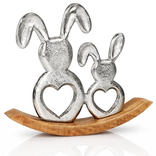 com-four® Deko-Hasen aus Metall mit Mangoholz-Standfuß - Osterhasen für die Frühlingsdekoration - Elegantes Wohnaccessoire - Deko-Aufsteller für Ostern - Metallfiguren (1x Hasen/Schaukelkufe)
