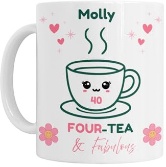 40th Birthday Gift for Her - Personalised 40th Birthday Mug, 'Four-Tea & Fabulous', White Ceramic, Age 40