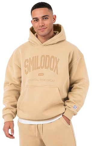 SMILODOX Hoodie Herren Oswin, Oversized Fit Kapuzenpullover mit Frontprint & gesticktem Patch, Tunnelzug-Kapuze, Sweater mit Kängurutasche, Rippbündchen, weiches Sweatmaterial, lässiger Look