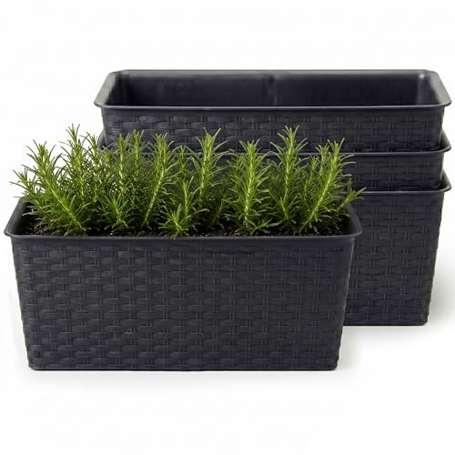 Lizzy 4 Pack Rattan Rectangle Planter Box Large Trough Flower Pot Indoor Outdoor Window Box Herb Vegetable Planter Balcony Garden Container Durable Plastic Woven Design - Dark Grey