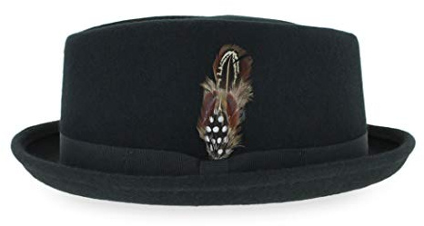Belfry Porkpie Fedora-Hut für Herren, Vintage-Stil, 100 % reine Wolle, in Schwarz, Braun, Grau, Marineblau, Pekannuss und gestreiftem Band, Schwarz, XX-Large