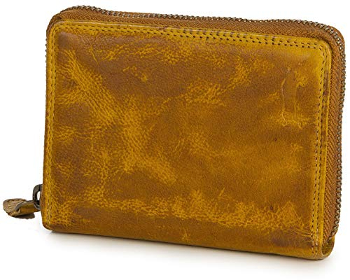 Ven Tomy Geldbörsen - Kleine Geldbörse Brieftasche für Damen und Herren Leder klein Vintage Geldbeutel Gelb Mustard