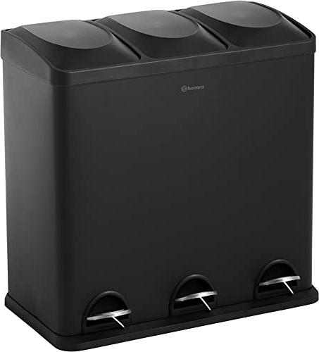 Homra Mülleimer Küche Maxer | Mülltrennsystem 60l | Mülleimer 3 Fächer | Edelstahl Mülltonne 3x20l | Abfalleimer Küche | Treteimer 3 Inneneimern | Tretmülleimer Recyclingeimer | Papierkorb | Schwarz