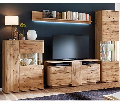 Wohnzimmer Wohnwand 320cm Asteiche Bianco massiv geölt mit Highboard, Lowboard, Vitrine und Regal inkl. LED