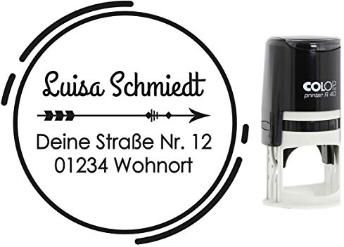Adressstempel Rund Rahmen 1 mit Namen Straße und Ort, verschiedene Motive, Familie Colop mit integriertem Stempelkissen