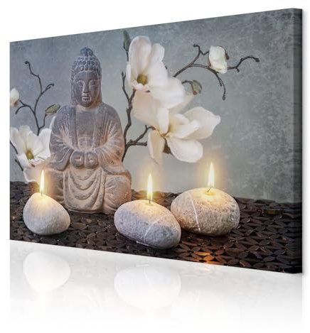 decomonkey Wandbilder Buddha Grau 60x40 cm 1 Teilig Leinwandbilder Wanddeko | Strukturleinwand, Holzkeilrahmen, Bild auf Leinwand, Kunstdruck, Wohnzimmer, Wanddekoration, Blumen, Stein, Feuer