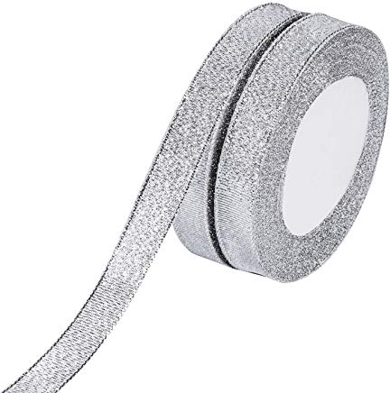 MOLSHINE 15mm x 45m (2 Rollen) Silber Organzabänder Schimmerndes, dünnes Glitzerband für Heimwerken,Basteln,Geschenkverpackung,Weihnachten Dekorative