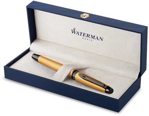 Waterman Expert Fountain Pen | Metallic Gold Lacquer with Ruthenium Trim | Medium PVD Coated Stainless Steel Nib | Blue Ink | With Gift Box