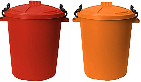 M1SS (Set of 2) 50 Litre Orange and Red Heavy Duty Plastic Clip Lock Lid Bin Indoor or Outdoor Rubbish, Waste or Storage of Animal Feed.