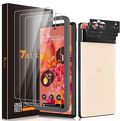 TAURI 6 Stück Schutzfolie Kompatibel mit Google Pixel 6, 3 Stück Schutzfolie und 3 Stück Kamera Schutzfolie, 9H Härte Fingerprint ID Folie, Blasenfreie Klar HD Displayschutzfolie mit Positionshilfe