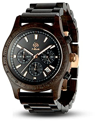 Zeitholz Holzuhr Herren, für Herren, Armbanduhr, Chronograph, Neue Bergen, Analog, 42mm, 100% Naturholz mit Japanischem Quarzwerk. Entworfen um EIN Statement zu setzen. (Black)