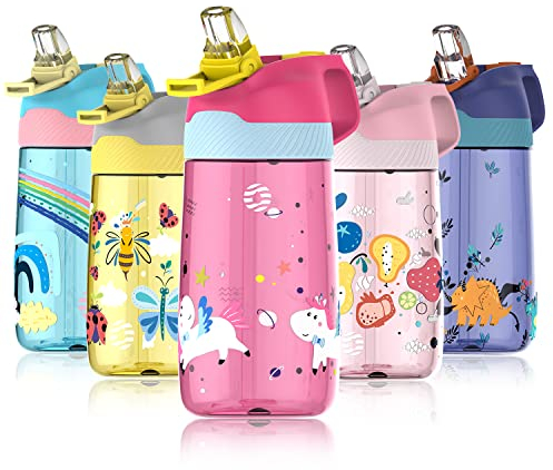 Fjbottle Gourde Enfant avec Paille 450ml, Bouteille d'eau Enfant sans BPA Tritan, Gourde Étanche Réutilisable pour École, Sport, Maternelle