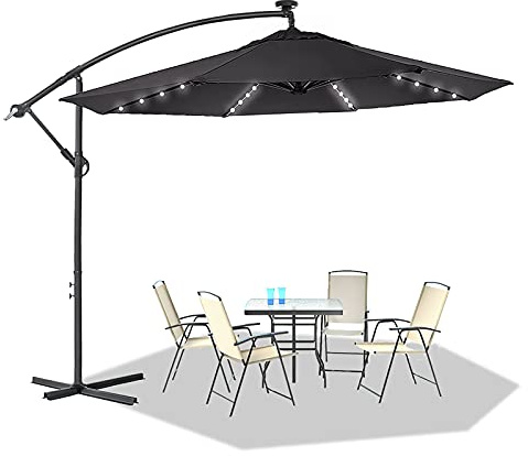 UISEBRT Sombrilla Jardin de Aluminio con Manivela Sombrilla Parasol protección UV 40+, Excéntrico Cantilever para Balcón, Jardín, Terraza (LED Solar 350 cm, Gris oscuro)