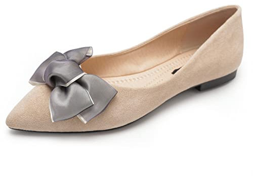 MACHSWON Womens Ballet Flats Pointed Toe Bow Faux Suede Ladies Black Slip On Ballet Pumps Dolly Shoes(Apricot-1, Size 7)