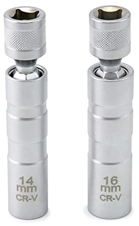 QWORK 14mm&16mm Magnetic Swivel Spark Plug Socket, Thin Wall Magnetic Rotating 3/8 Drive 12 Point Standard Spark Plug Socket Removal Tool 360-degree Rotation for Maximum Flexibility