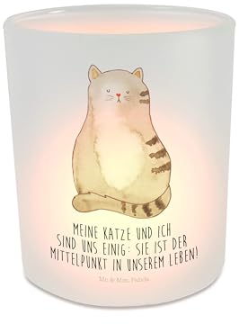 Mr. & Mrs. Panda Windlicht aus Glas Katze Sitzen - Geschenk, Katzenfan, Teelichthalter, Mieze, Katzenaccessoires, Windlicht Glas, Miau,