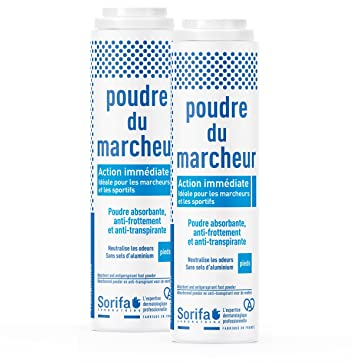 SORIFA - Lot de 2 - Poudre du Marcheur - Anti-transpirante - Absorbante - Pieds – Réduit la transpiration - Elimine odeurs et mycoses - Sans sels d’aluminium - Fabriqué en France - Poudreuse 100 gr