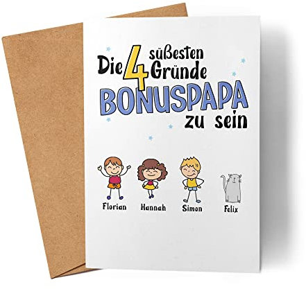 Kiddle-Design Vatertag Karte 4 Gründe Bonus Papa zu Sein Vatertagsgeschenk Stiefvater Geschenk für Stiefpapa Geburtstag Vatertagskarte