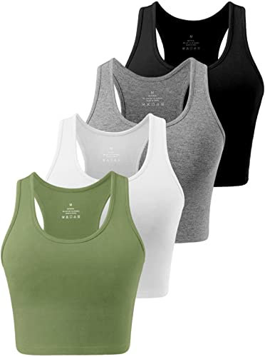 Star Vibe 4 Stücke Sport Crop Top Set Damen Basic Sporttop Tanktops Frauen Yoga Sport Top Damen Fitness Black/Dark Grey/White/Army Green L