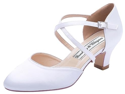 Duosheng & Elegant Geschlossene Zehen HC1921 Kreuz Bände Schnalle Brautschuhe für Damen Party Absatz Hochzeit Brautschuhe mit Satin Weiß Gr. 40