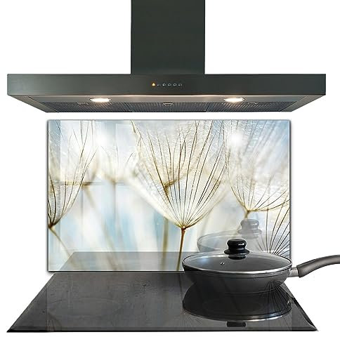Wallfluent 100x50 cm Küchenplatte Küchendekoration Selbstklebende Platte Gehärtetes Glas Innenbereich Küche Wanddekoration - Löwenzahn Löwenzahn im Wind