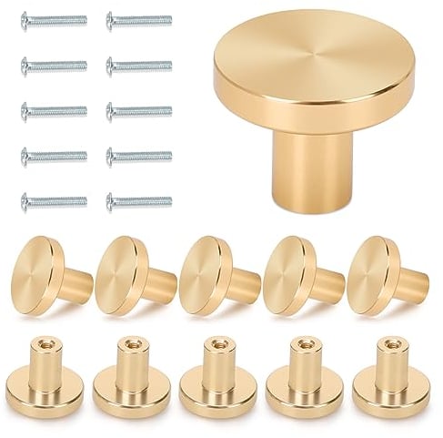 10Pcs Round Cabinet Knobs, 25mm Brass Gold Drawer Handles, Kitchen Pulls With 10 Screws for Dresser, Wardrobe, Cupboard, Decoration