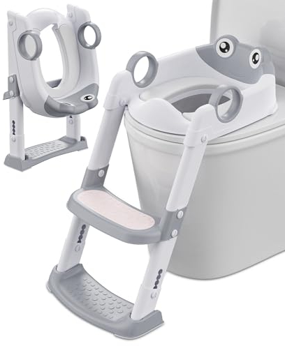 Reducteur Toilette Enfant, Rehausseur Toilette Enfant, pour Garçons et Filles, Hauteur Réglable et Pliable, Adaptateur Toilette Enfant avec Coussin, Anti-éclaboussures et Antidérapant(Blanc, Gris)