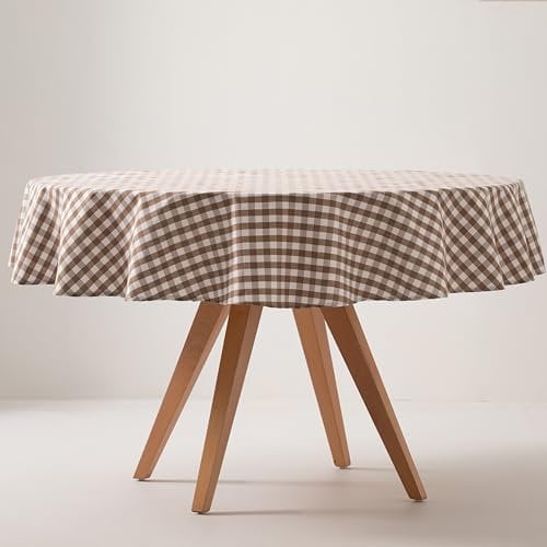 GAMUSI Nappe antitache Ronde à Carreaux Vichy en Coton, Toucher Tissu, 160 x 160 cm, Taupe