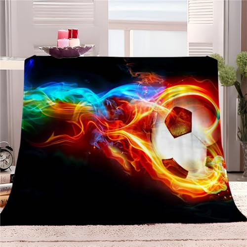 Weiche Kuscheldecke 180x200cm, Flauschige Flanell Warmes Wohndecke Stilvoller Bunter Flammen-FußBall Sofadecke Tagesdecke Farbe Flauschdecke Waschbar Für Kinder Jungen Erwachsene