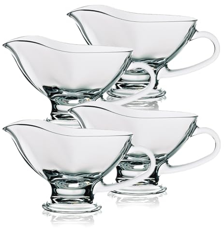 JUANIO Lot de 4 saucière 17 cl, Pot à Sauce, Distributeur avec poignée Lisse, saucière en Verre Transparent pour Vinaigrette, Bol à Sauce - Longueur 12.5 x Profondeur 9.35 cm