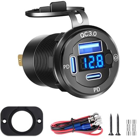 Daakro 78W Metallgehäuse 12V USB C Steckdose LadegeräT Typ C USB 12 Volt KFZ Ladegerät Adapter Zigaretten Stecker USB Anschluss mit Schalter Panel für Wohnmobil Auto Motorrad Boot LKW Wohnwagen