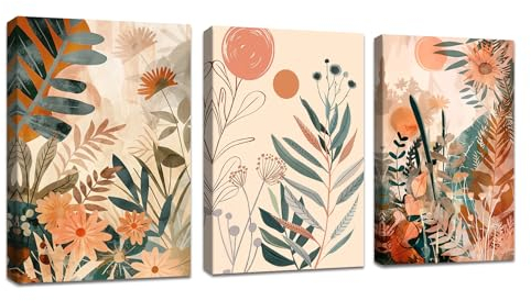 3 PCS Nordic Minimalist Feuilles et Soleil Tableau Décoration Murale Salon Impression sur Toile Boho Orange Image sur Toile Peintures sur Toile Décoration Murale pour Chambre Maison Bain 30x40cmx3pcs