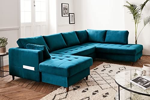 Lisa Design Anna – Wohnlandschaft Ecksofa – mit Schlaffunktion und Bettkasten – 7-Sitzer – zeitgenössischer Stil– rechts Entenblau