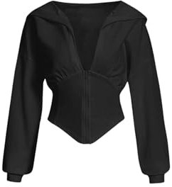 GORGLITTER Sweatshirt mit Kapuzen Damen Kapuzensweatshirt Crop Sweatjacke mit Reißverschluss Kurz Hoodie Kapuzenjacke Schwarz M